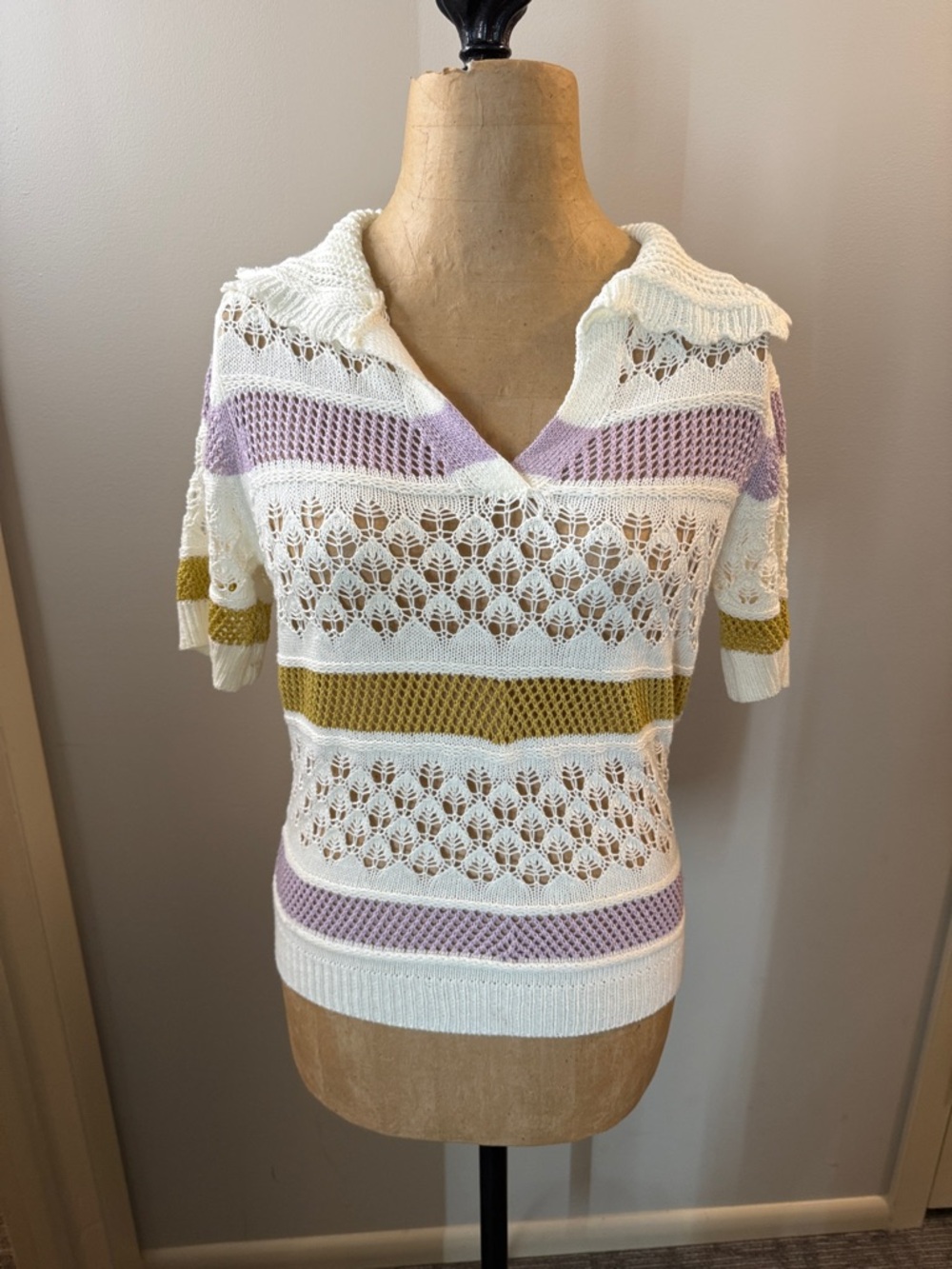 Hem & Thread White Eyelet Knit Short Sleeve Top with Lavender and Olive Stripes